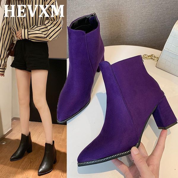 

woman boots pointed toe ankle boots woman high heel shoes plus size square heel fashion zipper 2021 party shoes, Black