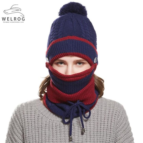 

welrog set 3 anti-fog hats women's winter beanies velvet thick bib mask skullies beanie hat dustproof hats warm knitted cap, Blue;gray