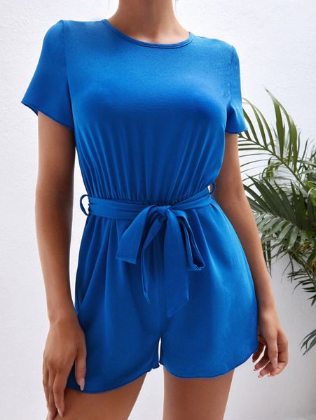 

solid round neck belted romper u2n8#, White