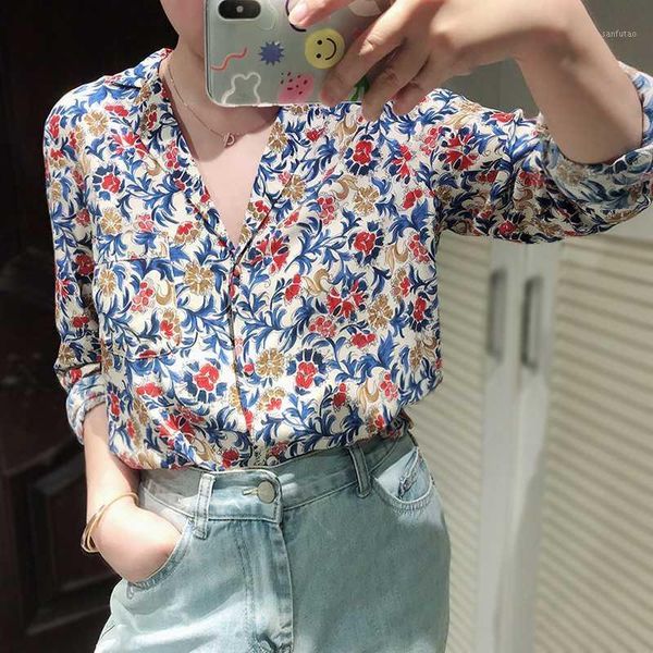 

shirt women flower print long sleeve new notched neck casual blouse, White