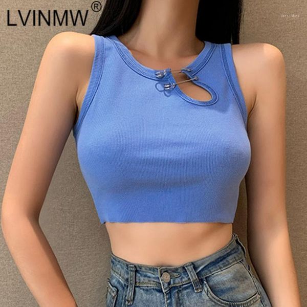 

women's tanks & camis lvinmw round neck sleeveless hollow out pin buckles rib crop woman slim basic simple tank for women stre, White