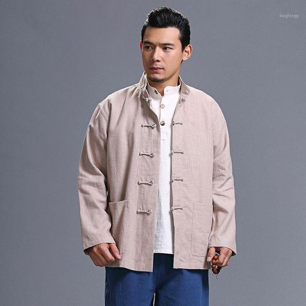 

men's tunic apparel 2020 spring pure linen men's buckle chinese casual loose jacket1, Black;brown