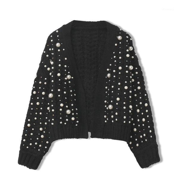 

knitted women wild cardigan winter autumn fashion heavy pearl beaded thick warm open stitch coat women loose female sweater1, White
