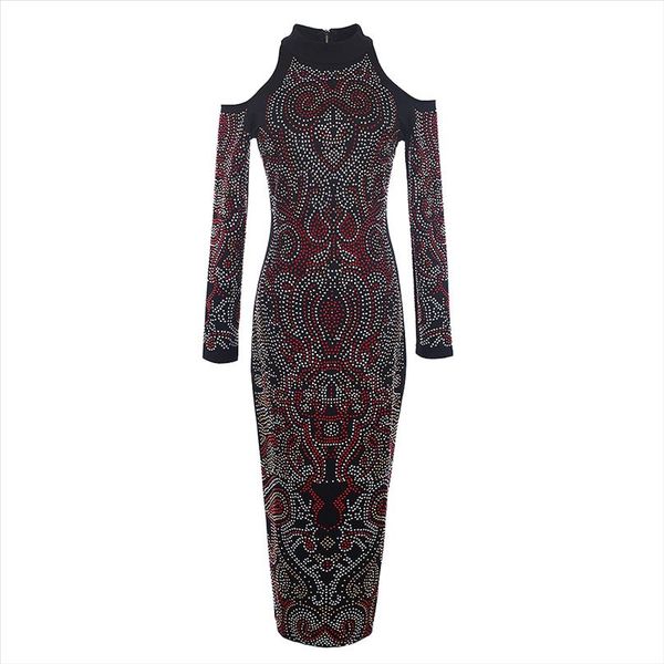 

fashion 2020 baroque designer dress womens long sleeve shoulder hollow out colorful diamonds beading dress, Black;gray
