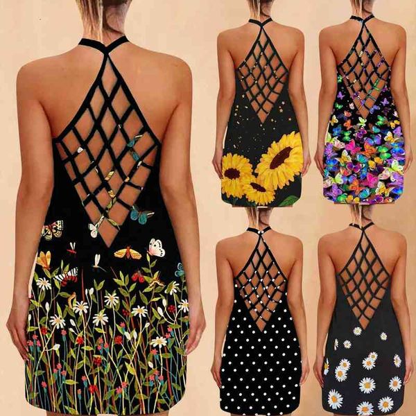 

floral dot print women dress summer sleeveless backless loose casual boho hollow out beach party dress vestidos robe, Black;gray