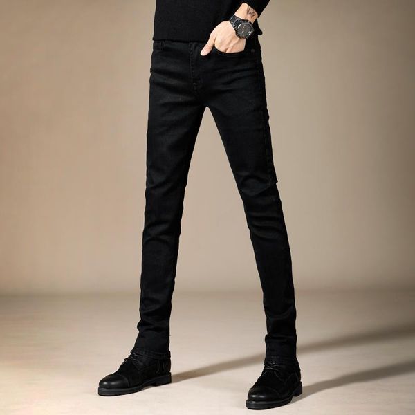 

men's jeans men winter casual fleece warm pants solid color slim fit full length plus size trousers black, Blue