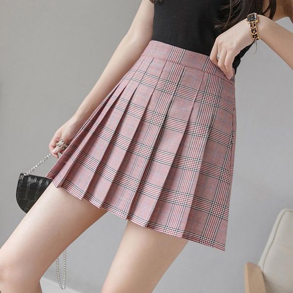 

women pleat skirt high waist striped plaid mini skirts lining shorts summer winter bar student dance kawaii skirt, Black