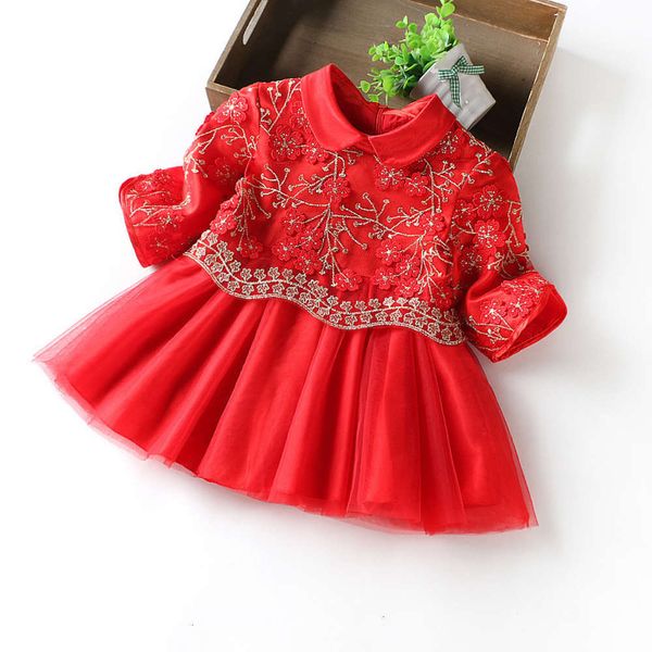 

girl 100 ba collar zhang autumn day one year old drs gold embroidery baby super fairy princs skirt 6806, Red;yellow