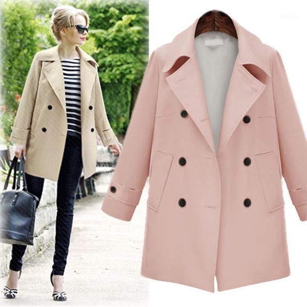 

plus size white long coat womens 2020 spring new fashion pink jacket female turn-down collar double breasted clothing1, Tan;black