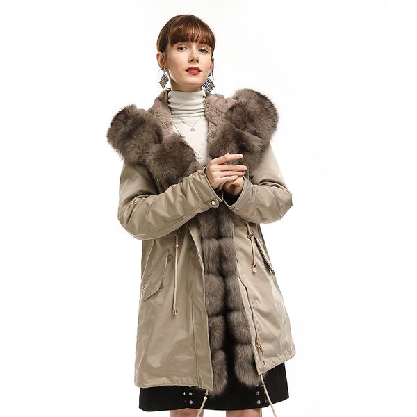 

maylofuer natural real fox fur coat real silver fox collar cuff hooded coat parka long winter jacket rex rabbit fur liner 201029, Black