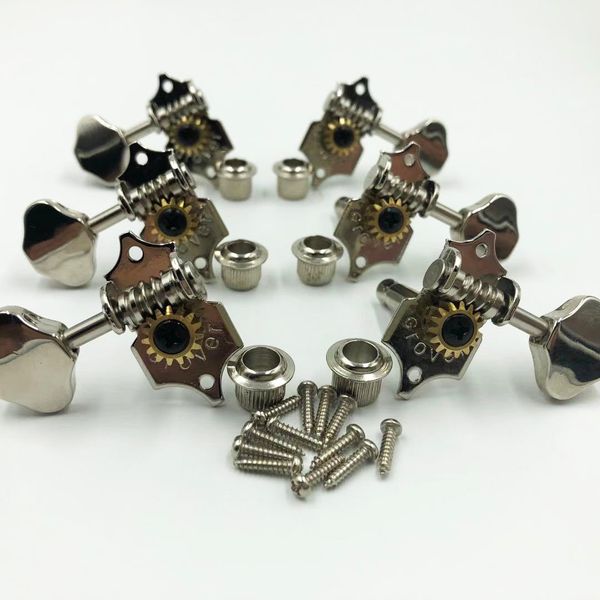 

original grover tuners 3r 3l sta-tite v97 nickel ,14:1 gear ratio,3 treble 3 bass for solid guitar ,open gear tuning peg machine heads