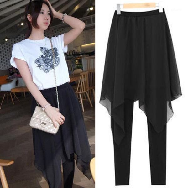 

2020 new spring and summer women's korean irregular chiffon skirt backing false two  slim skirt leggings, Black