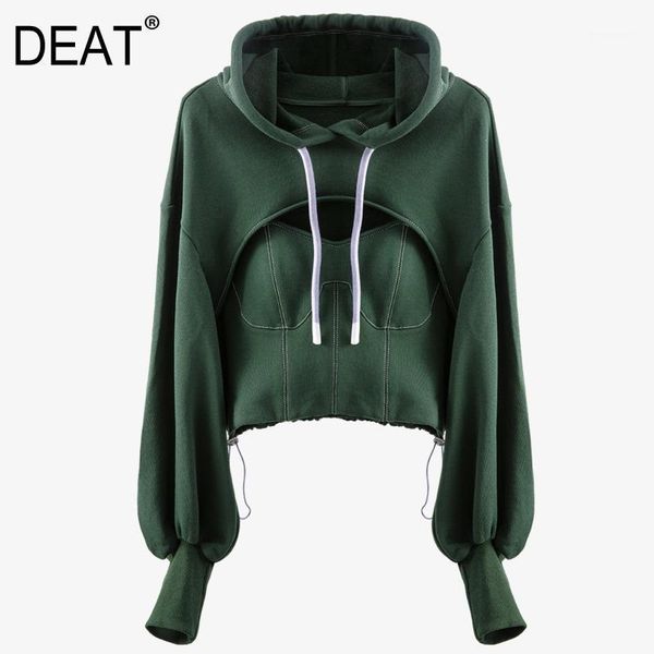 

deat 2020 autumn women new fashion hooded lantern sleeve hollowed out street style waist green short 7b02311, White