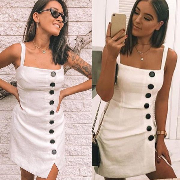 

2019 fashion women solid dress casual party mini dress sleeveless button shirt dresses summer elegant women's bodycon1, Black;gray