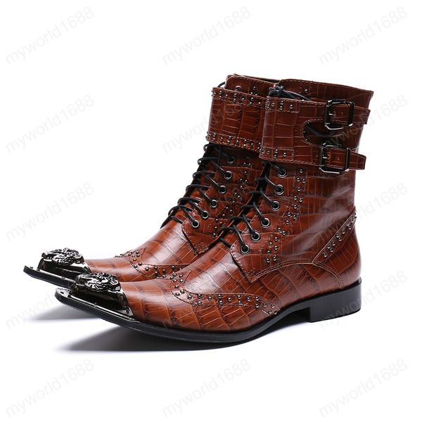 

autumn buckle men shoes genuine leather boots fashion metal pointed toe boots big size zipper ankle boots, Black