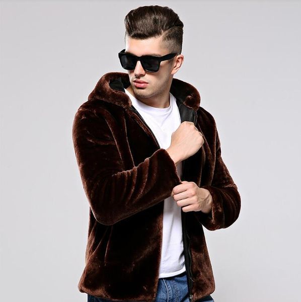 

hooded faux leather jacket mens warm fur leather coat men loose jackets winter autumn thicken jaqueta de couro fashion, Black