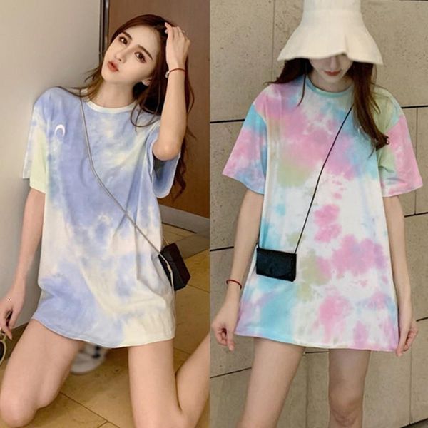 

женская повседневная галстук-краска tee рубашка круглые шеи печать с коротким рукавом свободно корейский стиль дамы сладкие вершины, White