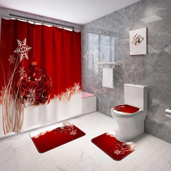 

shower curtains 3+1pcs christmas design curtain toilet seat cover flannel mat non-slip waterproof rugs lid bathroom decor1