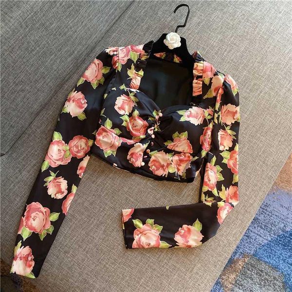 

2020 high street designer blouse women's square collar floral long sleeve blouse short, White