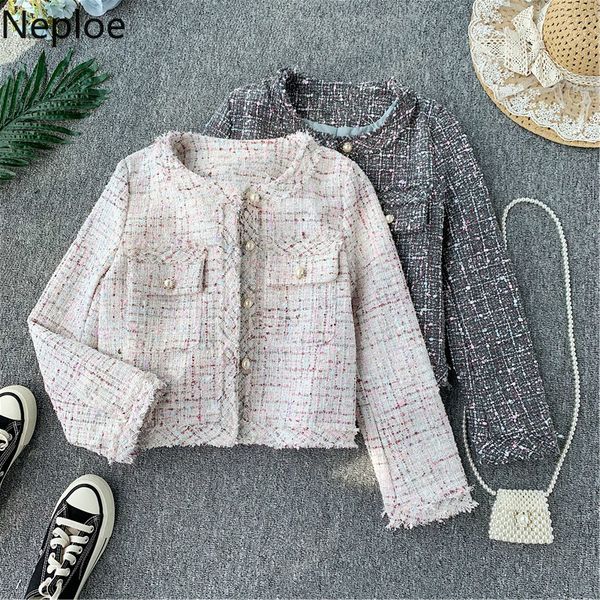 

neople small fragrance tassel wave short jacket women o neck patchwork tweed coat femme autumn elegant slim fit jacket 46008 201027, Black;brown