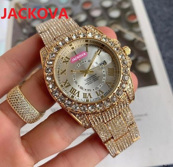 Mens Womens Big Shinning Diamonds Ring Quartz Watches Слуша из нержавеющей стали Классические наручные часы Идеальное календарь розового золота Золотые браслет -часы Relogio Masculino