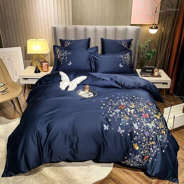 

luxury blue floral butterfly embroidery egyptian cotton bedding set double duvet cover set bed linen pillowcases home textile1