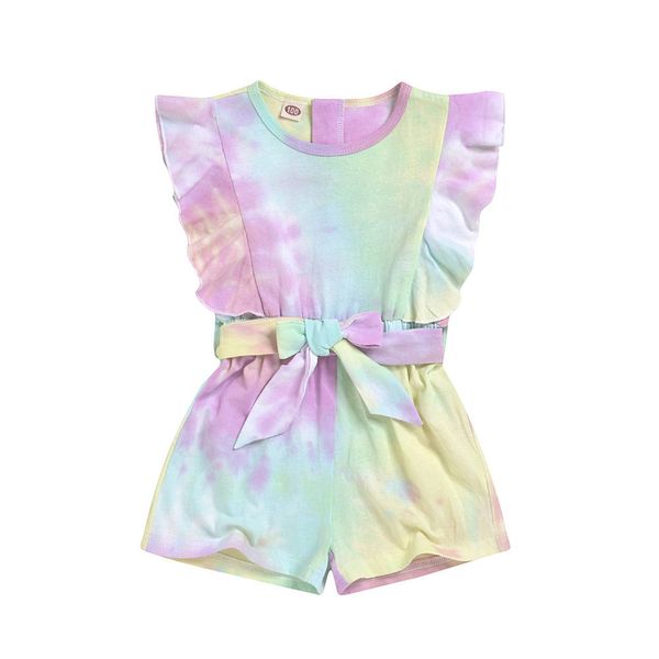 Tie Dye Imprimindo 0-8y Criança Bebé Rouble Ruffle Mosca Manga Bow Cinto Jumpsuit Playsuit Adorável Crianças Miúdos de Algodão Roupas 201028