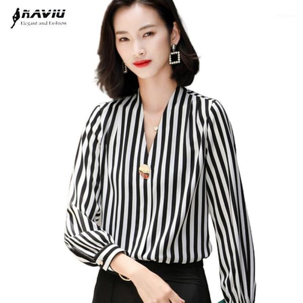 

stripes shirt women design 2021 autumn new slim fashion all-match v neck chiffon blouses office ladies loose casual 1, White