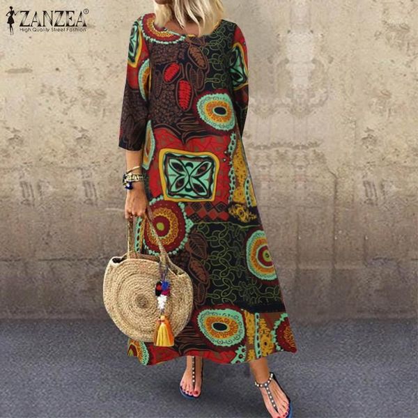 

vintage floral printed dress 2020 zanzea summer women casual 3/4 sleeve cotton party sundress long vestidos female tunic robe1, Black;gray