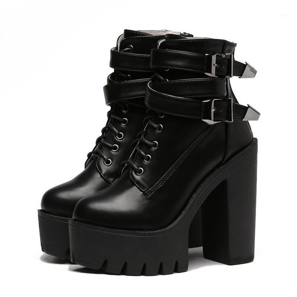 

boots round head super high heel waterproof platform lace back zipper belt buckle comfortable thick women boots1, Black