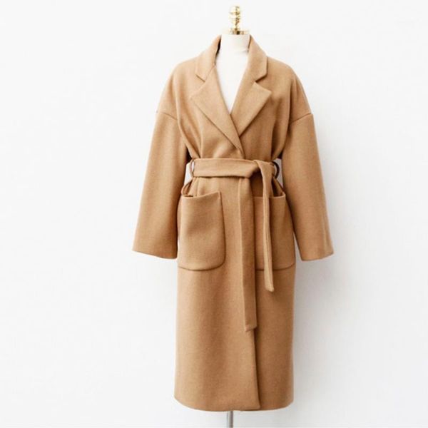 

women autumn winter camel color long wool coat jacket belt slim waist loose woolen overcoat outerwear cardigan cotton liner1, Black