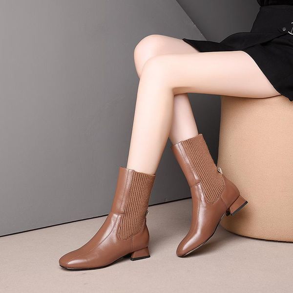 

ins women boots natural leather upper flying knitting wool barrel elastic boots cyberstar classic shoes europe and america, Black