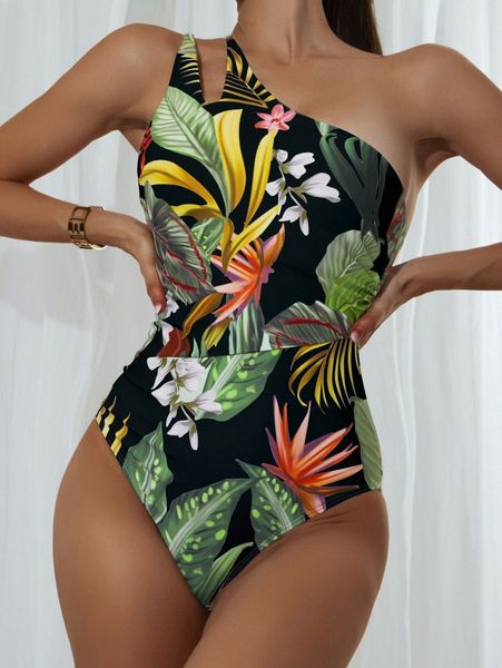 

tropical print one shoulder one piece swimsuit a07m#, White;black