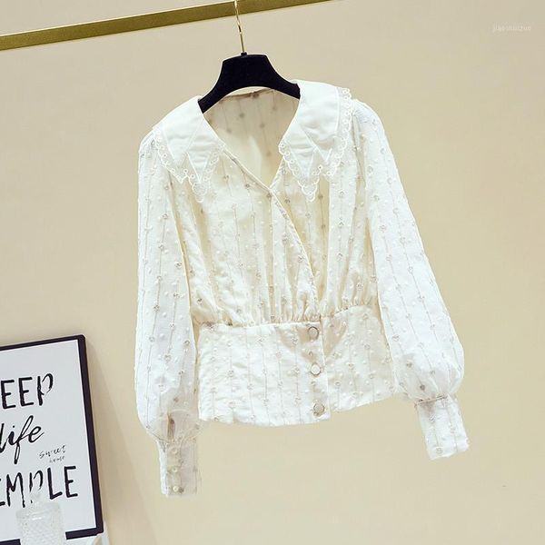 

elegant v-neck chiffon blouse women's 2021 spring long sleeve slim waist all-match crop blusas mujer1, White