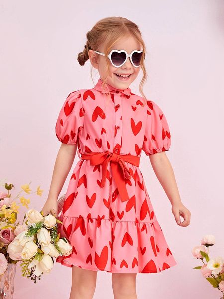 

toddler girls puff sleeve self belted heart print shirt dress she, Red;yellow