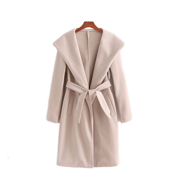 

2021 new elegantes bege com capuz moda senhoras turn down collar outercoat streetwear feminino faixas casaco menina chique umlw, Black