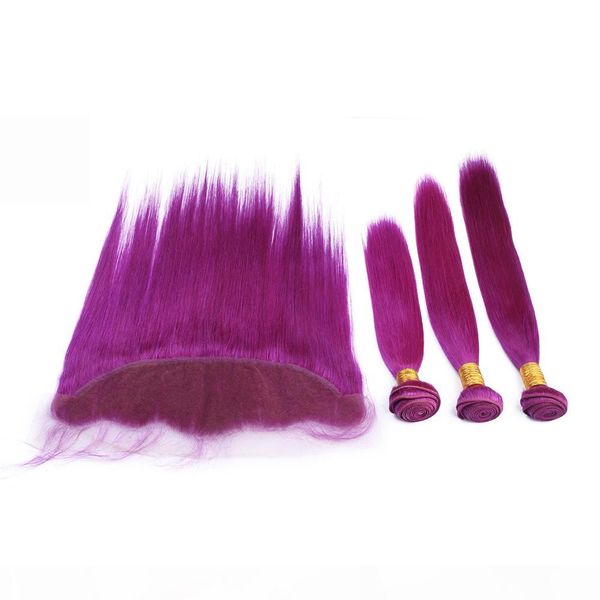 

silky straight purple lace frontal closure 13x4 with weaves 3bundles purple colored brazilian virgin human hair wefts with full frontal, Black;brown