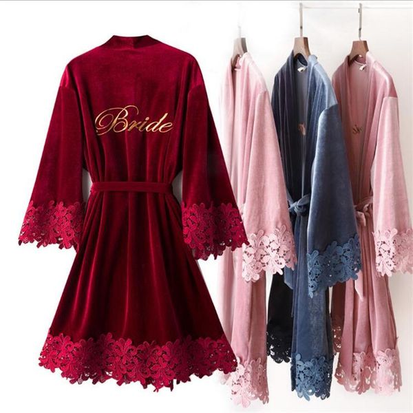 

2021 new solid color bride bridesmaid sleepwear babydoll pajamas lace edge velvet kimono bathrobe short undergarments women nightwear, White