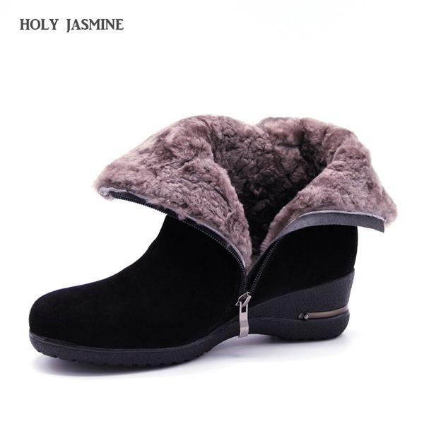 

winter new warm wool fur ankle boots genuine wool full grain leather long plush snow boots women wedges shoes 201215, Black