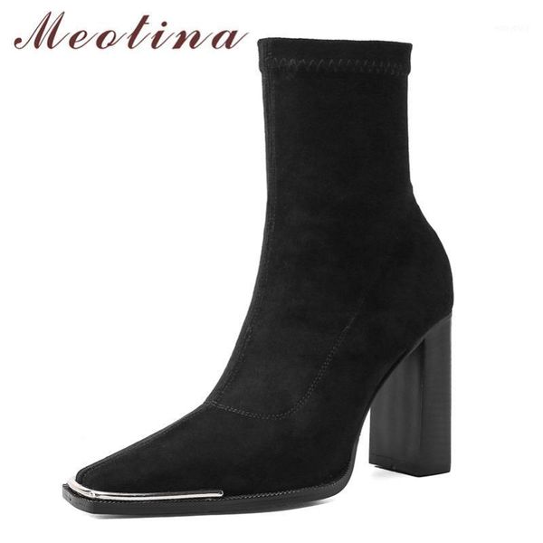 

meotina super high heel ankle boots short boots women shoes square toe thick heels metal decoration lady footwear autumn gray 431, Black