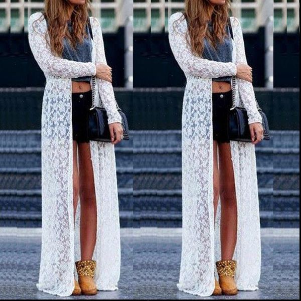

2021 women sheer lace dress cover up summer cardigan long dress lady new summer robe femme ropa mujer elegant, Black;gray