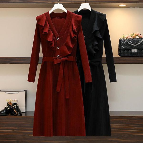 

coigarsam 4xl plus size fashion full sleeve women dress french style knitting dresses wine red black 22261, Black;gray