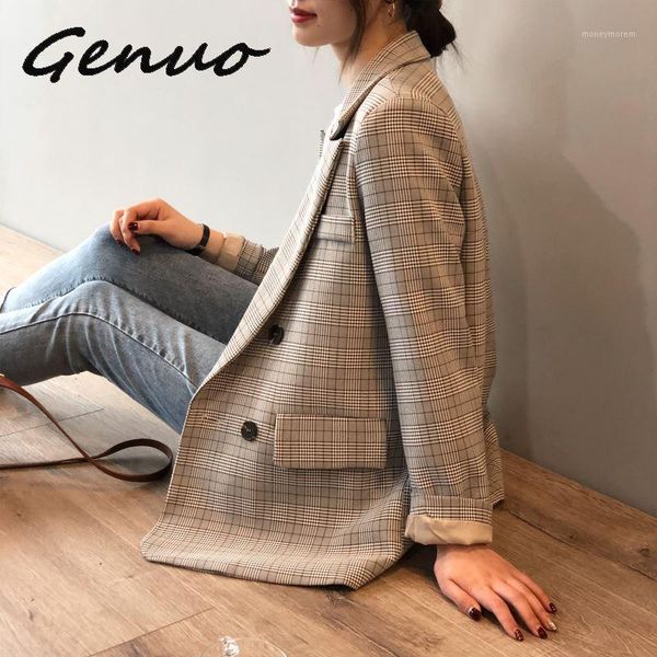 

women's suits & blazers genuo 2021 spring autumn blazer slim korean restore plaid suit loose harajuku vintage jacket feminine outwear1, White;black