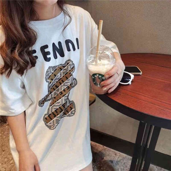 

2022 factory wholesale new dijia spring and summer cartoon bear water drill cloth casual comfortable round neck short sleeve pullover t-shir, White
