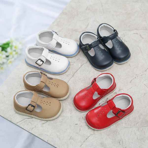 

little girls t-strap shoes button genuine leather new boys spring fall footwear school kindergarten bebe zapato sandq y201028, Black;red