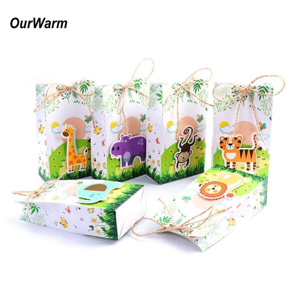 

ourwarm 12pcs safari animals party paper candy gift bags box with burlap jungle favor kids gifts baby birthday party decoration wmtiwr