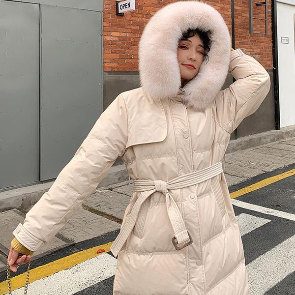 

women's down & parkas women long natural fur collar jacket winter warm white duck outerwear abrigo mujer casual hooded parka overcoat, Black