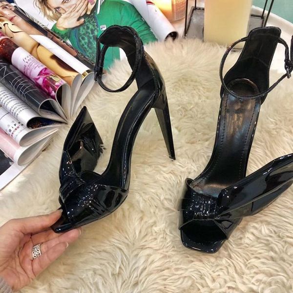 

women summer butterfly no de patent leather pico high heel thin peep toe bowtie with cop in the ankle sandals ngb2, Black