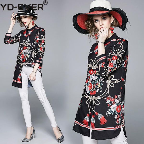 

women vintage drawstring pattern flower print ladies blouse and shirt long sleeve side split casual loose work wear office shirt, White