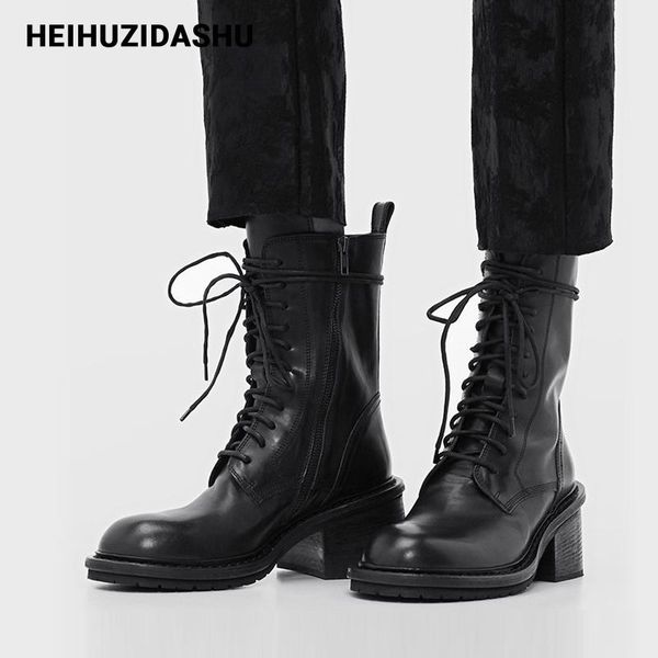 

2020 зима теплые черные кожаные женские ботинки оружины ботильоны для женщин для женщин коренастый каблук коренастый плюс размер обувь женщи, Black